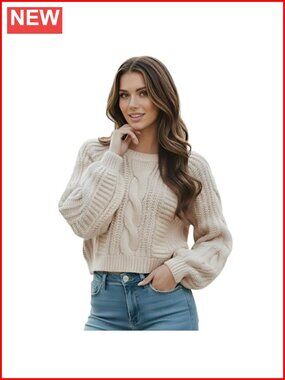 Cropped Cable Knit Sweater Long Sleeve Acrylic Pullover